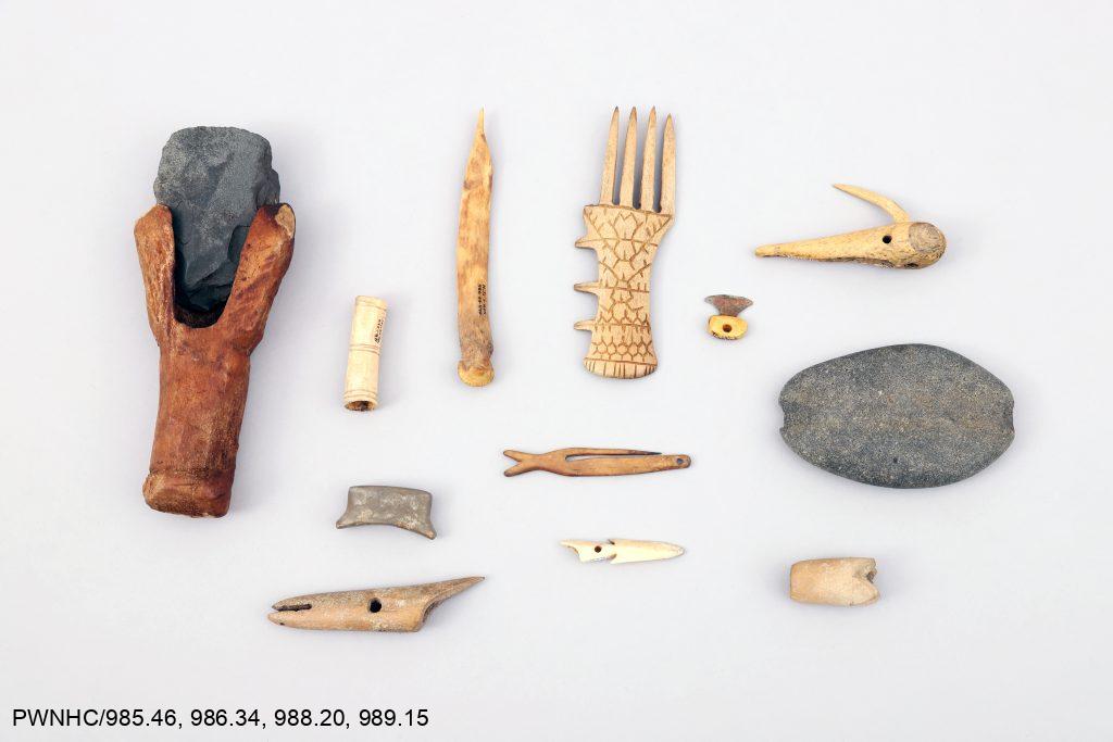 A selection of artifacts and tools excavated from the Kuukpak archaeological site in the 1980s. Artifacts include stone adze, decorated comb, fishing lures, harpoon heads, stone net sink, needle case, awl, bird bunt, and copper ulu pendant.