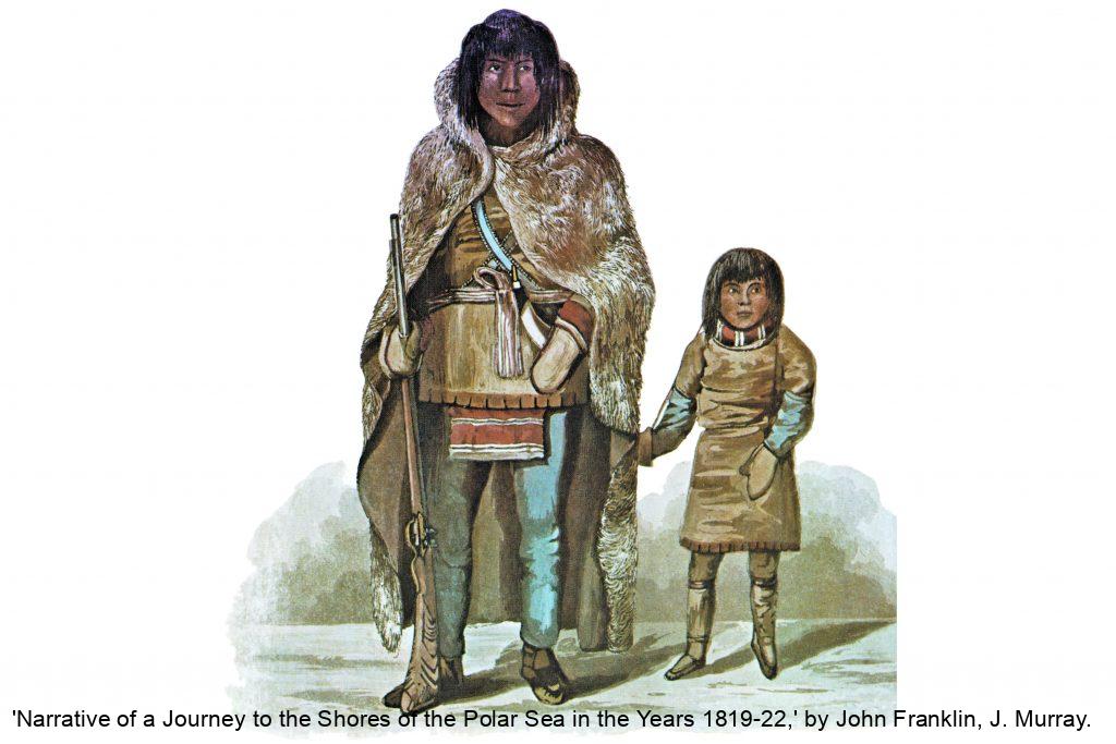 Portrait d’Akaitcho et de son fils, dessiné par le lieutenant Hood, Marine royale.