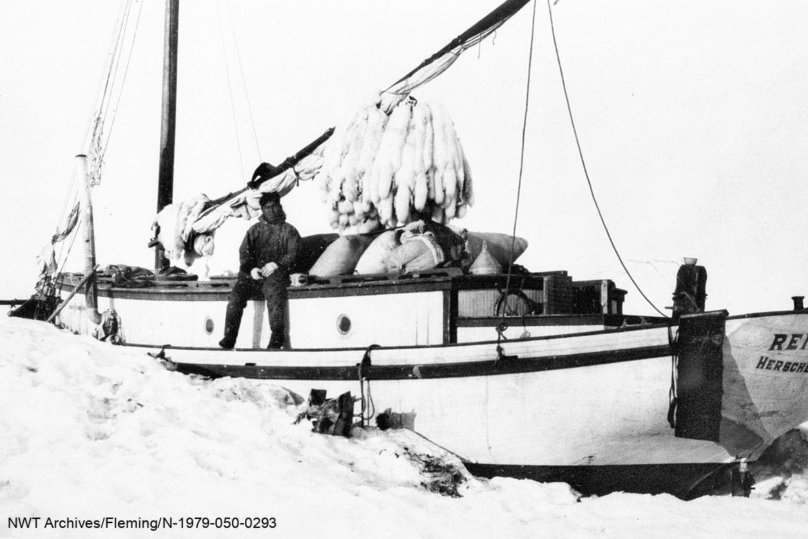 Inglangasuk (aussi appelé Lennie), un trappeur inuvialuit né à Tsiigehtchic, est assis sur la goélette Reindeer, chargée de peaux de renard blanc. Il a acheté la goélette Reindeer en 1928 au capitaine C.T. Peterson, un baleinier et négociant américain, avec l’argent qu’il avait gagné en trappant le renard blanc sur l’île Banks.