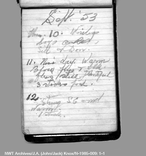 Journal intime appartenant à A. John Knox. Les entrées notent les conditions météorologiques, les activités quotidiennes et la faune observée en septembre 1953 lorsqu’il travaillait comme garde-chasse.