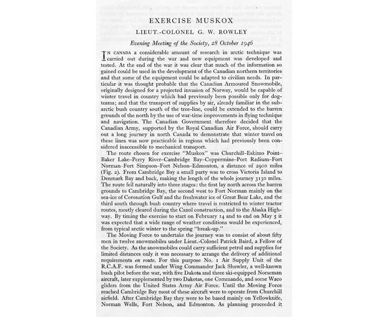 Article intitulé Exercise Muskox écrit par G. W. Rowley, The Geographic Journal Vol. CIX Nos 4-6, publié en octobre 1947, pages 175 — 185