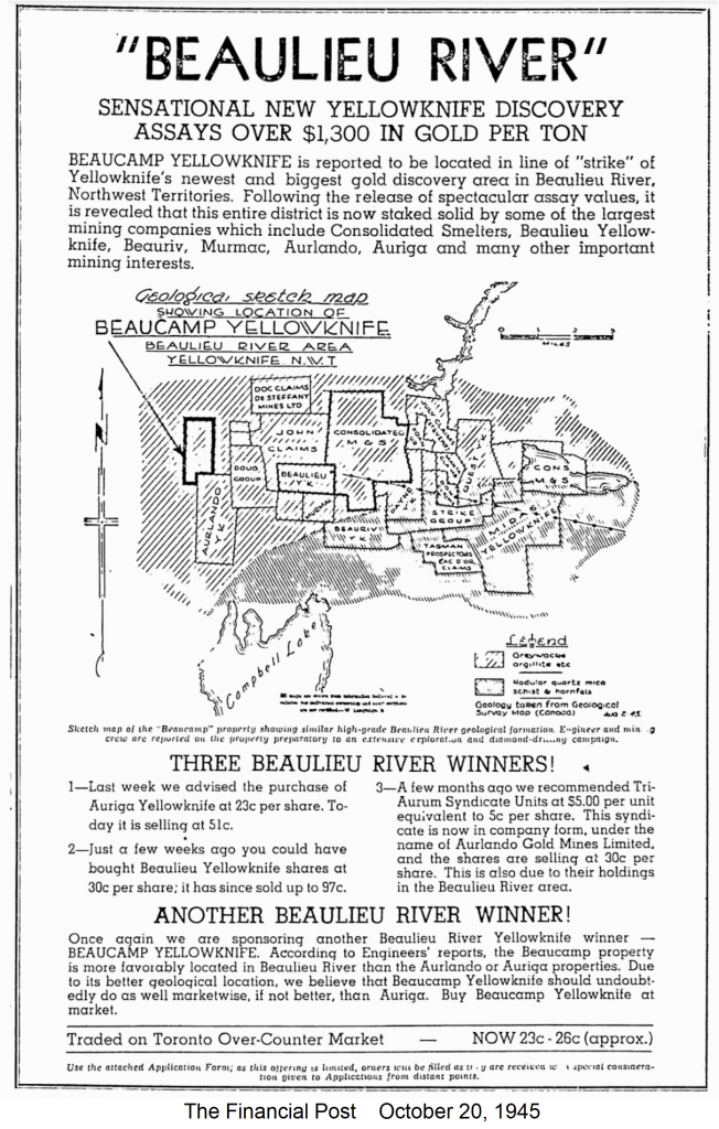 Publicités du journal The Northern Miner présentant le potentiel d’investissement des terres proches de la riviè Fortens re Beaulieu. Des centaines d’entreprises ont été créées après la Seconde Guerre mondiale pour tirer profit de l’or dans la région de Yellowknife.