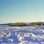 Un convoi à traîneaux remorque des marchandises de Hay River à la baie de Yellowknife Bay en 1955.