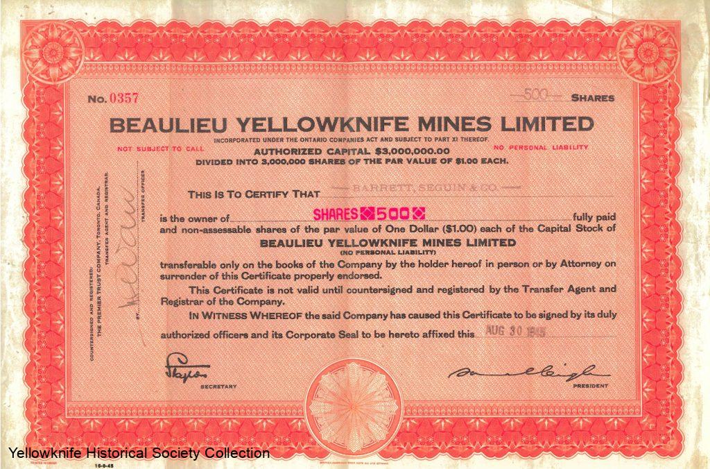 Certificat d’actions de la Beaulieu Yellowknife Mines Limited, 1945.