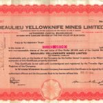 Certificat d’actions de la Beaulieu Yellowknife Mines Limited, 1945.