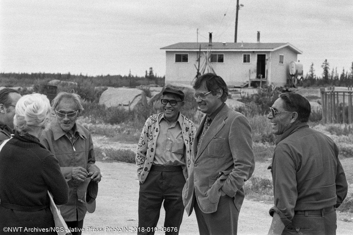: L-R: David Quitte, Phillip Mantla, Justice Berger and Jimmy Erasmus in Fort Rae (now Behchokǫ̀) for the Mackenzie Valley Pipeline Inquiry community hearing.