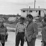 : L-R: David Quitte, Phillip Mantla, Justice Berger and Jimmy Erasmus in Fort Rae (now Behchokǫ̀) for the Mackenzie Valley Pipeline Inquiry community hearing.