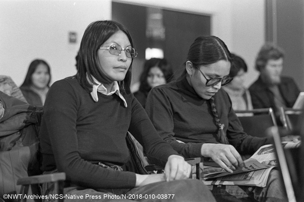 Mary Jane (Goulet) Mackenzie and Fibbi Tatti at the Mackenzie Valley Pipeline Inquiry hearing at the Explorer Hotel in Yellowknife.