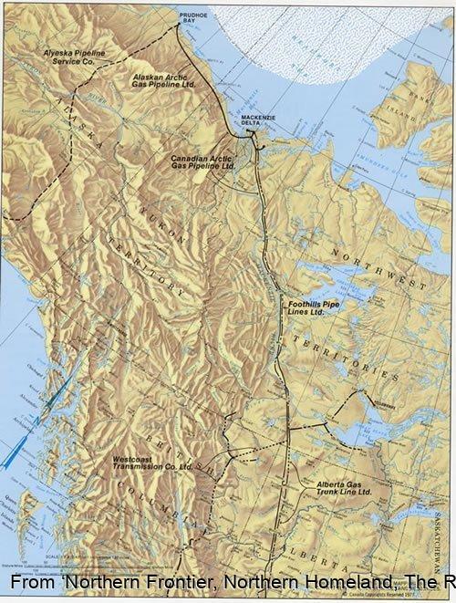 Map of the proposed 1977 Mackenzie Valley Pipeline.